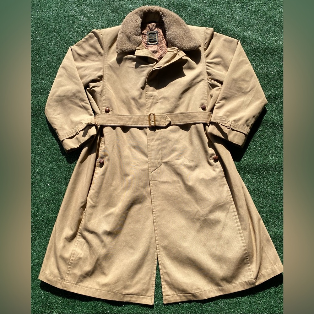 VTG 80s Christian Dior Faux Fur Collar Plaid Wool Lined Belted Trench Coat Large